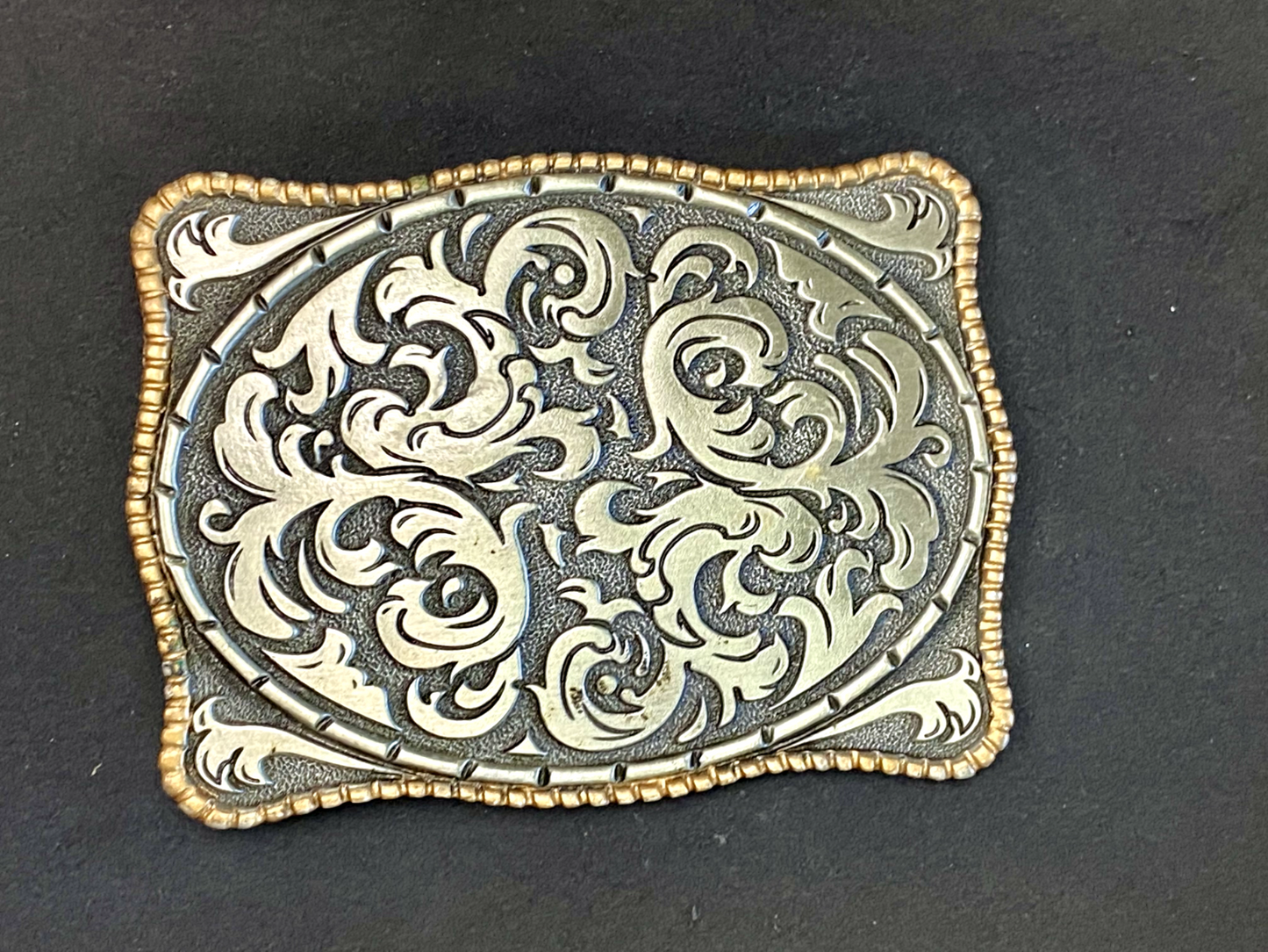 Vintage 1980S **Ornamental Floral Pattern** Pewter Western Belt Buckle
