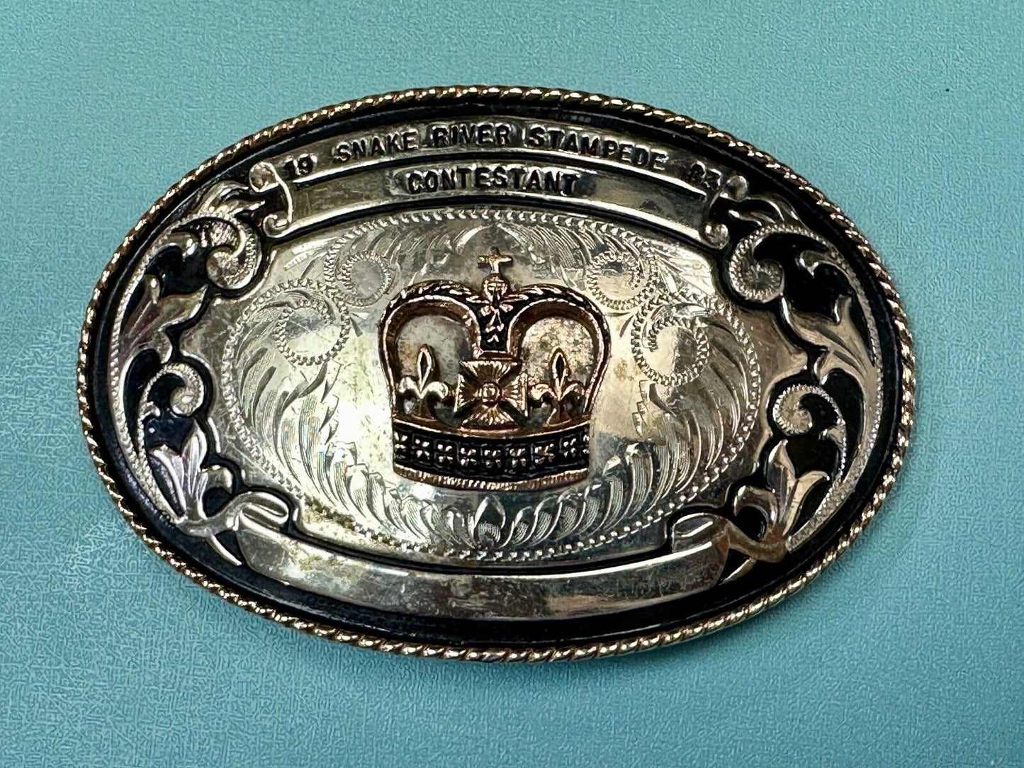 1983 Snake River Stampede Rodeo Idaho Trophy Comstock German Silver belt buckle