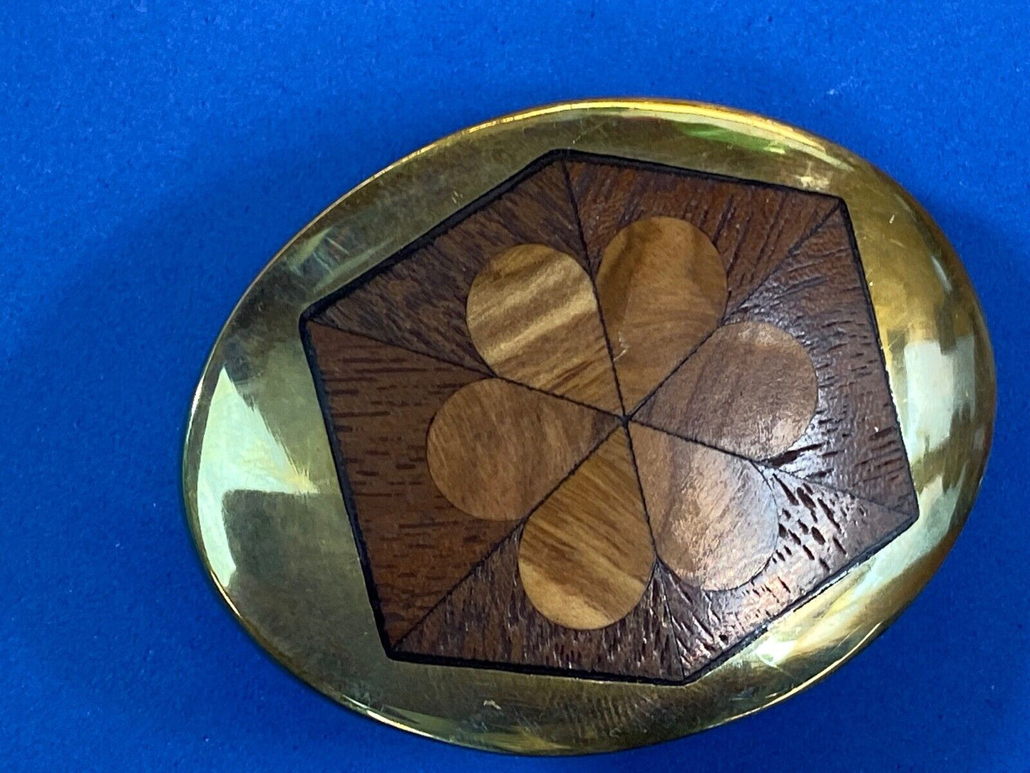 Vintage Brass With Wood Inlaid Mixed Flower Design Belt Buckle