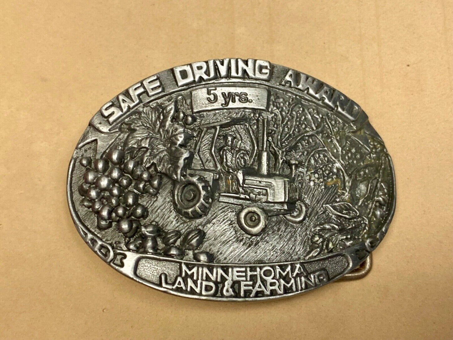 Vintage 5 year Safe Driving Award MineHoma Land and Farms belt buckle