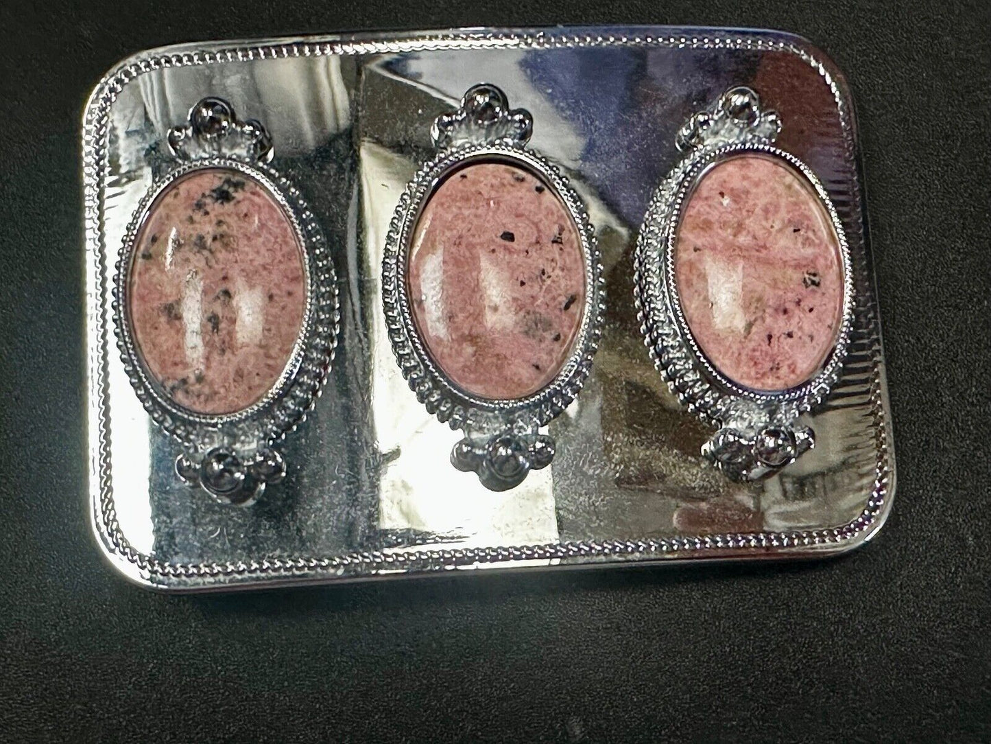Three Piece Pink Cabochon Cab Stones on reflective silver color Belt Buckle