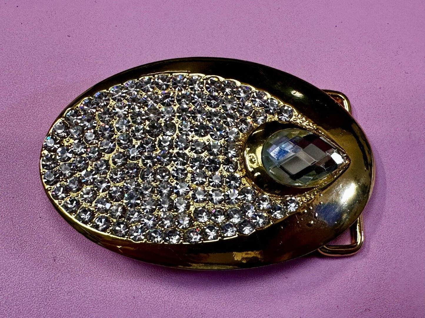 Beautiful Stylish Clear Rhinestone Covered Gold Tone Designer Oval Belt Buckle