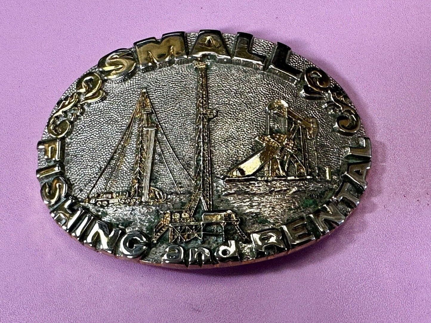 2 Small Fishing And Rental 24K Gold Plated Off Shore Oil Rig Belt Buckle By Adm