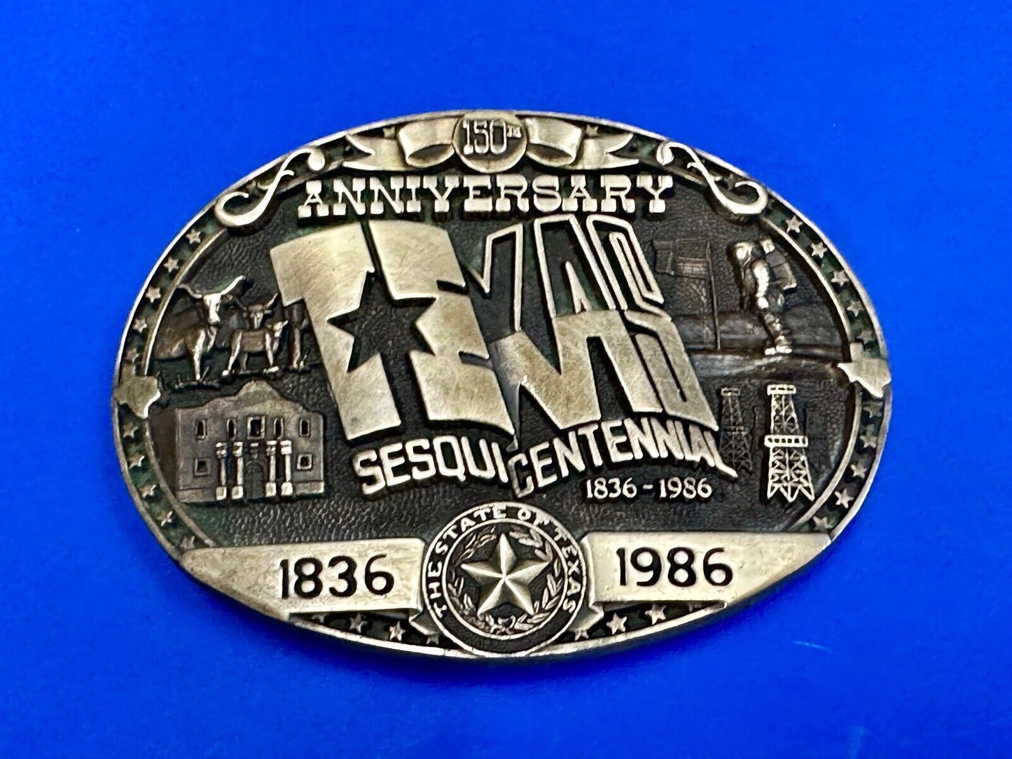 Texas Sesquicentennial 150 year celebration solid brass ADM belt buckle