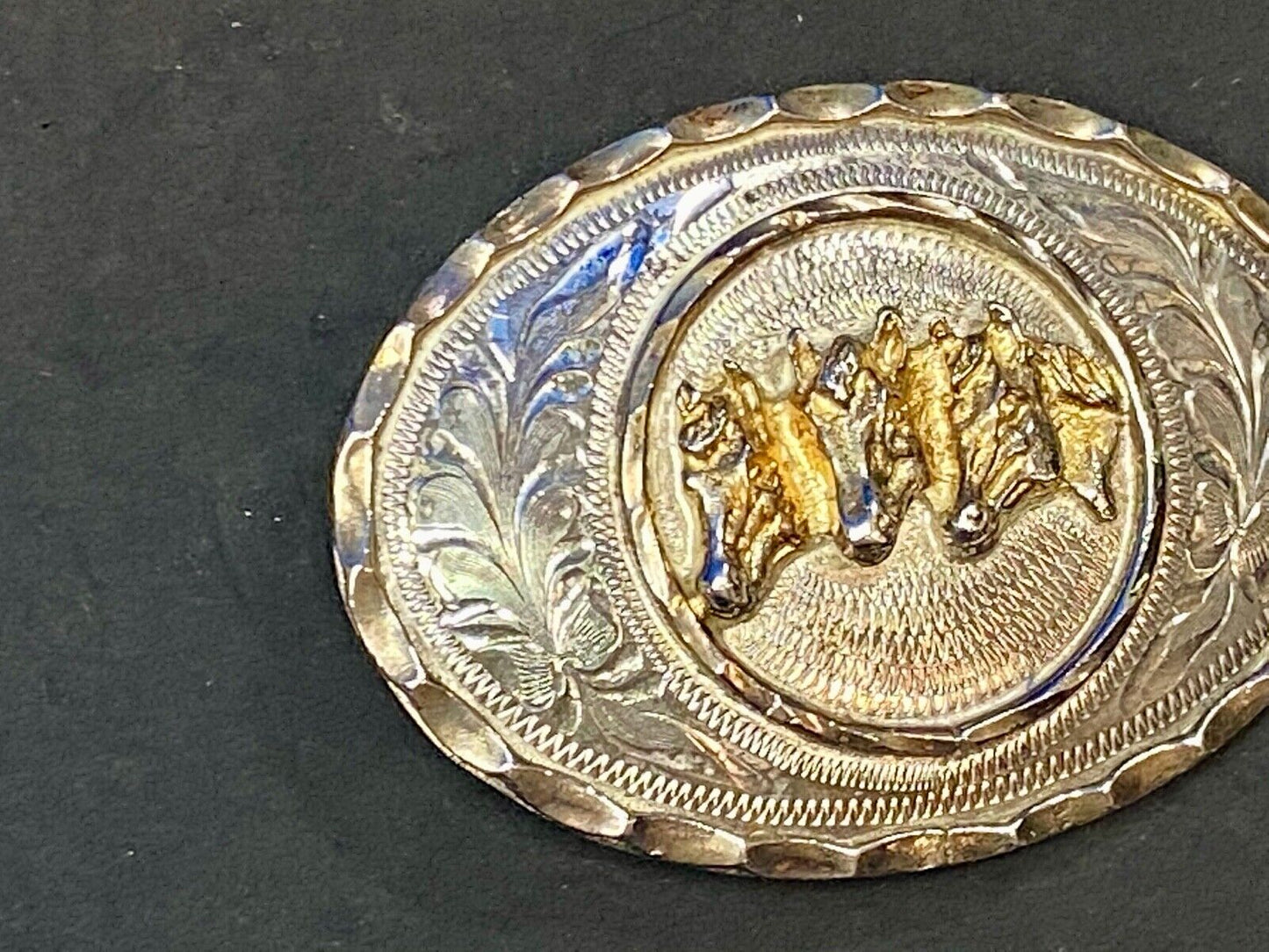 Three Horse Heads - Vintage Silver belt buckle. See makers mark!