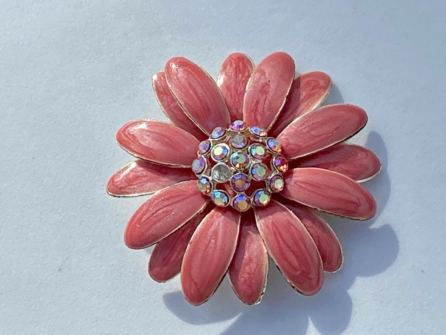 Beautiful Rhinestone Accented Otc Pink Flower Figural Silver Tone Brooch