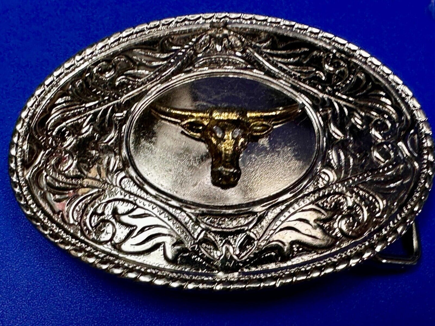 Texas Longhorn Vintage Ornate Cowboys Cowgirls Western Two Tone Belt Buckle