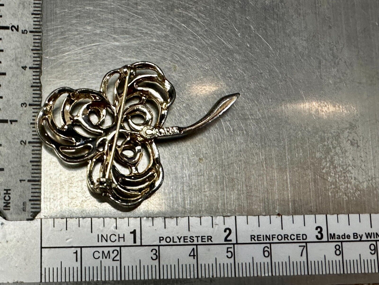 Three Leaf Clover Flower Openwork Gold Tone Brooch Pin Signed by Sarah Coventry