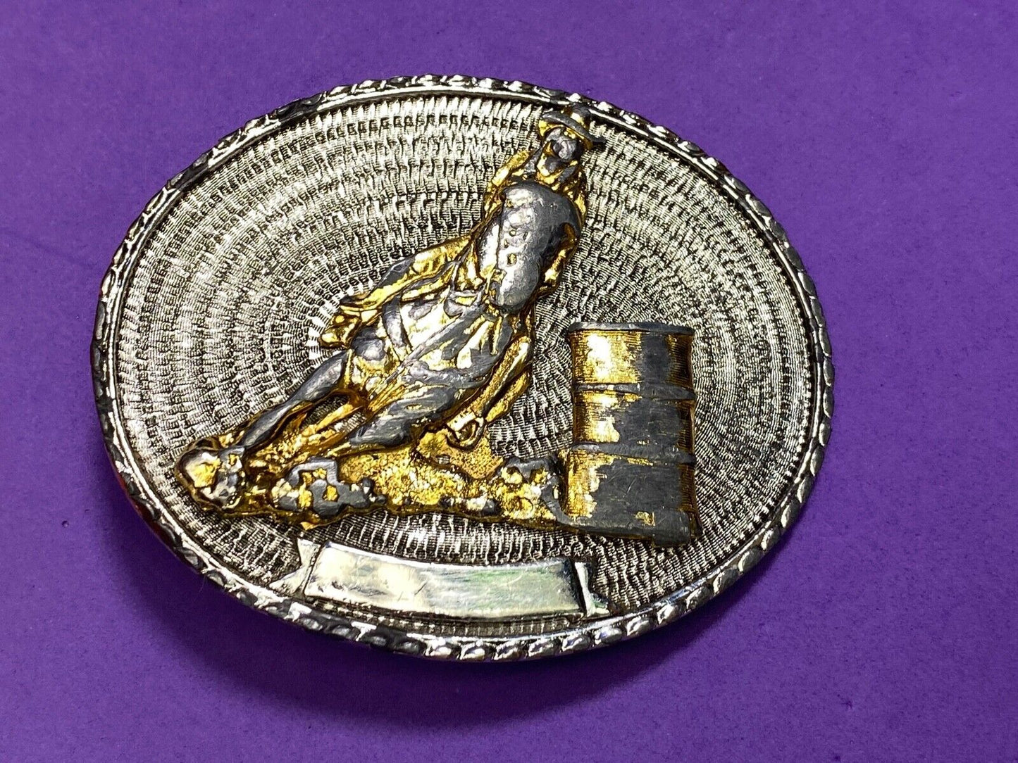 Barrel Racing Rodeo Cowboy Cowgirl Vintage Belt Buckle W/ Blank Ribbon Scroll