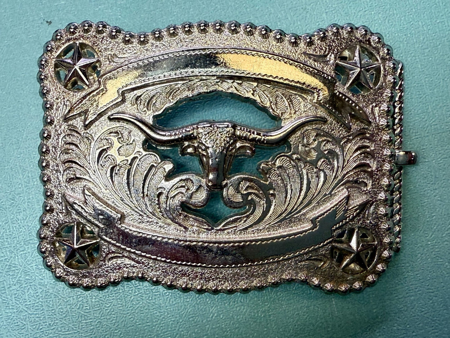 Texas Longhorn Cutout See Through Silver Tone Belt Buckle W/ Stars Award Ribbon