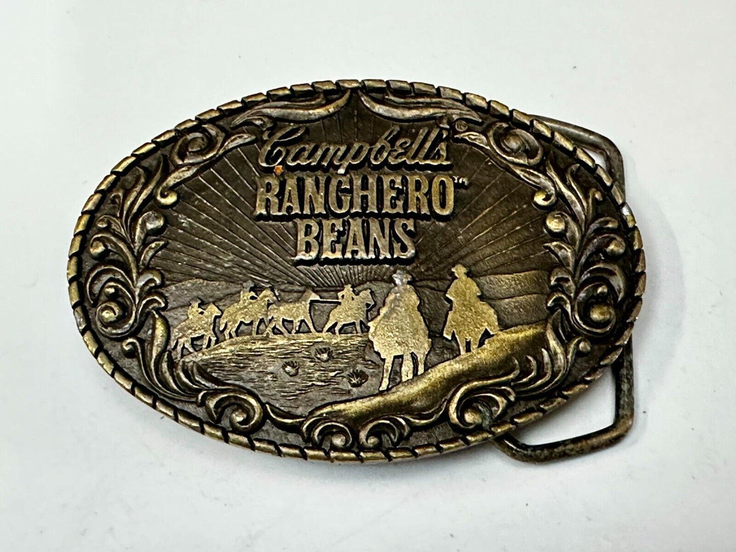 Vintage Campbells Soup Ranchero Beans Western Cowboy Chuck Wagon Belt Buckle