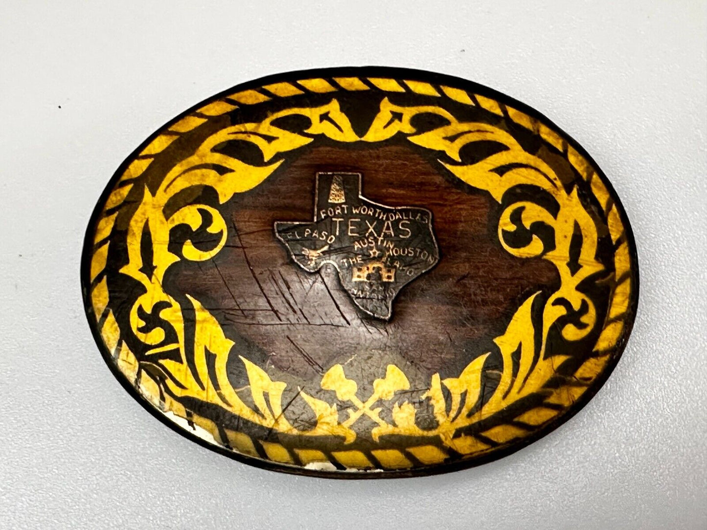 Texas Cutout State Shaped Center On Wooden Vintage Belt Buckle By Harmony Medals