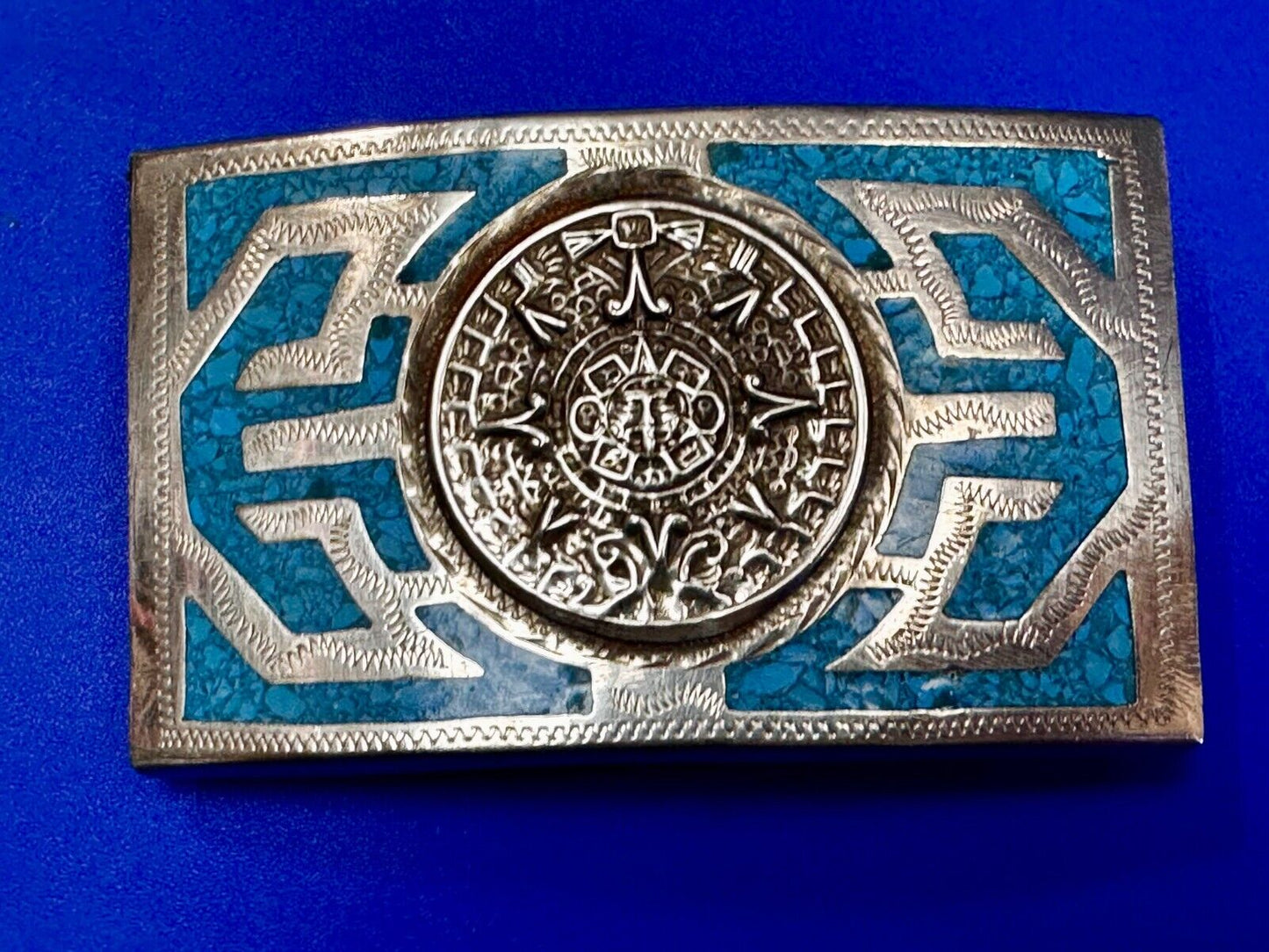 Aztec Mayan Calendar Sun Turquoise Inlay Southwestern Vintage Belt Buckle