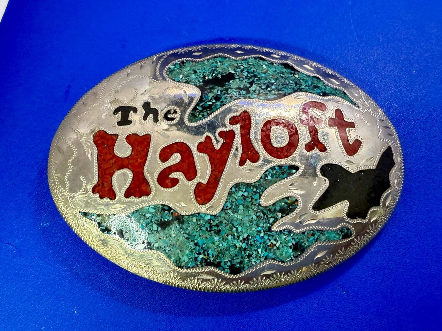 The Hayloft Large Turquoise Inlaid Champion's Choice Silver Belt Buckle CCS&S