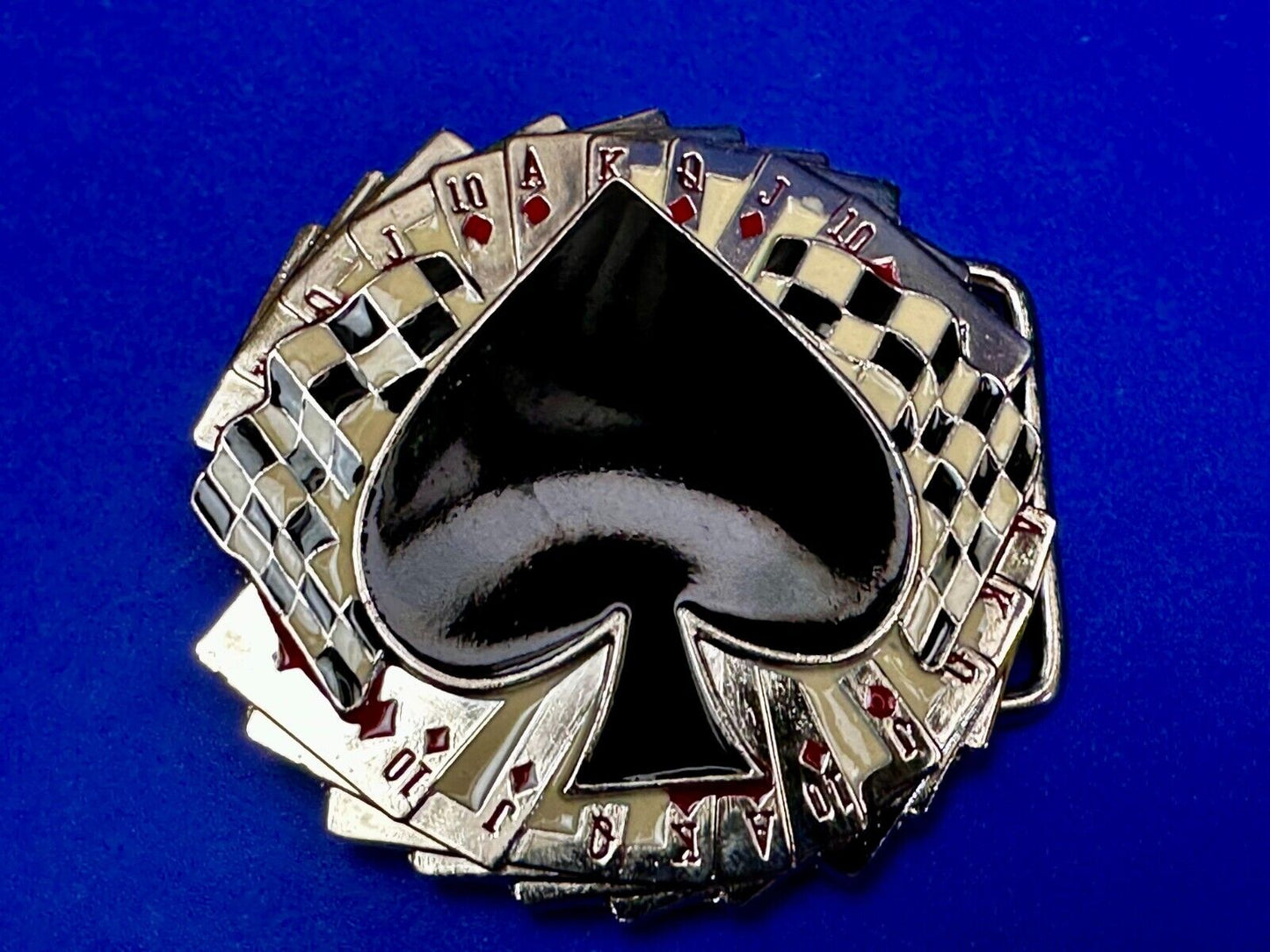 Ace of Spades Cards Royal Flush Poker Checkered Flag Gambling Casino Belt Buckle