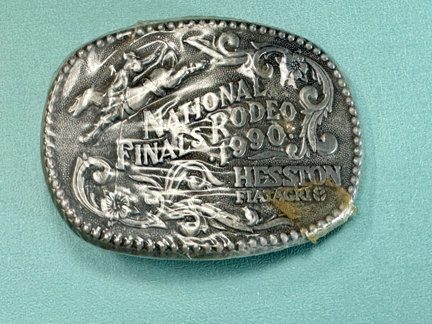 1990 Youth Size Hesston National Finals Rodeo Bull Riding Cowboys belt buckle