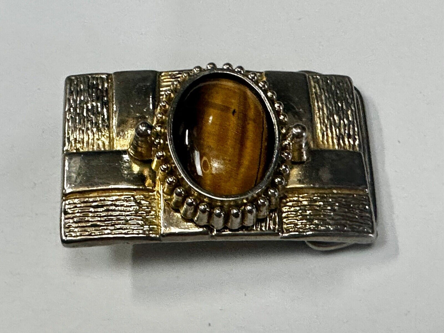 Tigers Eye Cabochon Stone Centerpiece on Western gold tone box theme Belt Buckle