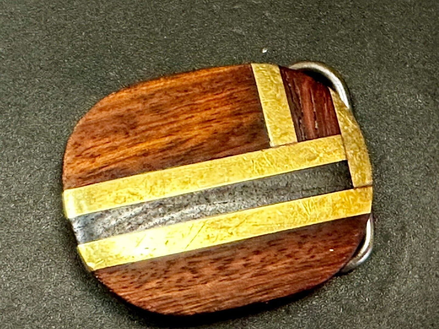 Vintage Artisan Inlay Mixed Wood And Solid Brass Small Belt Buckle