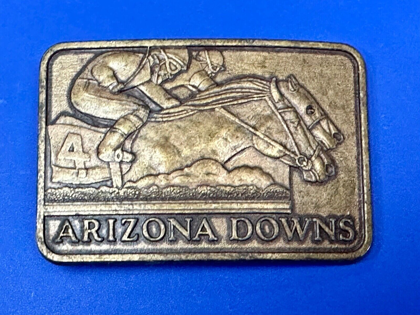 Vintage Arizona Downs Jockeys on Horses Racetrack vtg. Brass Tone Belt Buckle
