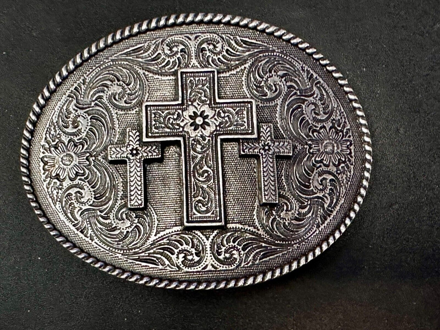 Three Cross Religious Faith Christian Flower Swirl Western Belt Buckle by Taylor