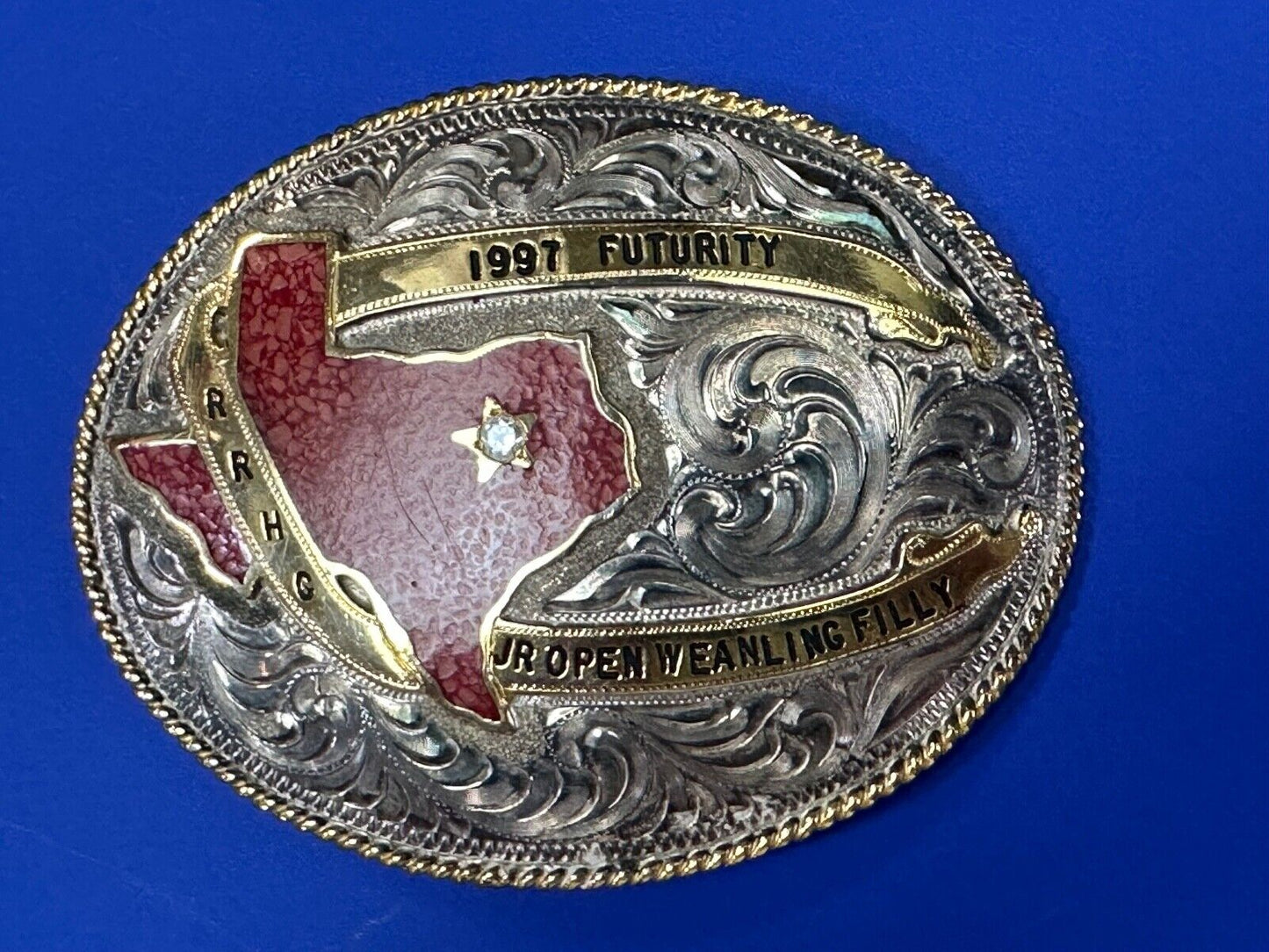 TEXAS Inlaid Coral Chip JR Open Weanling Filly 1997 Futurity Trophy belt buckle