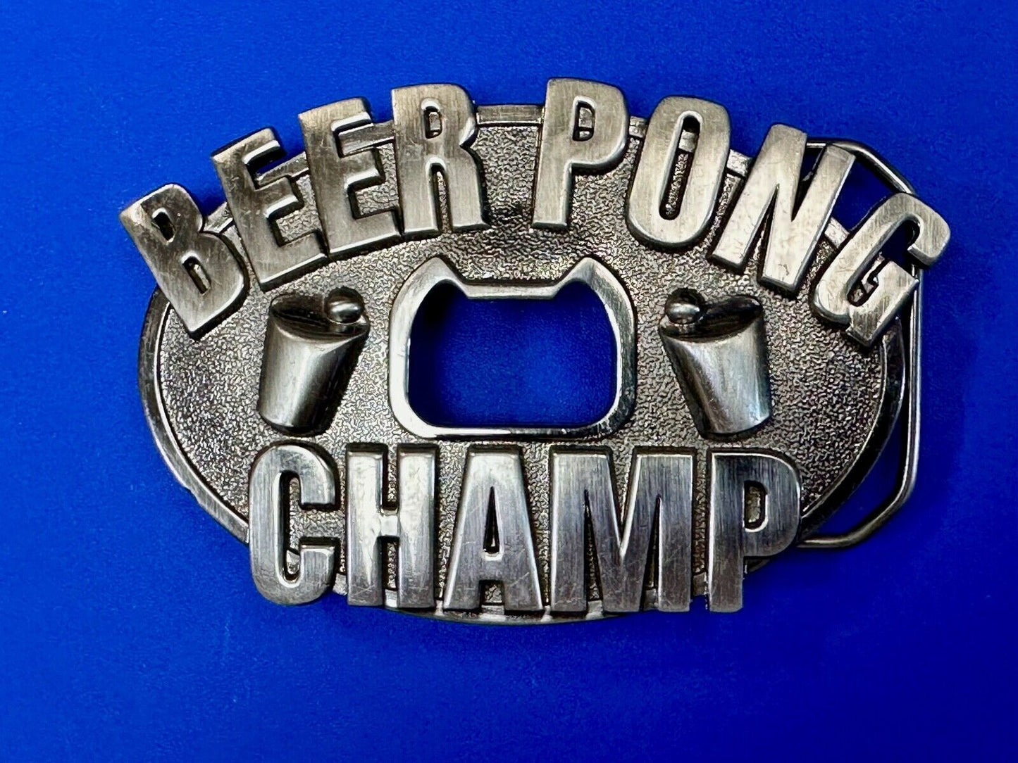 vintage beer pong champ novelty belt buckle and bottle opener by Kalan