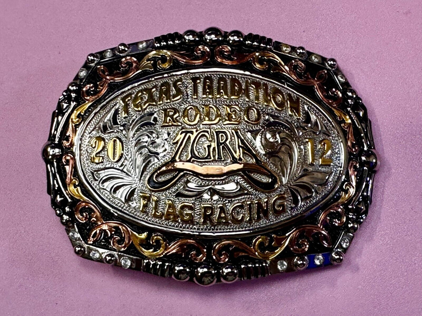 TGRA Texas Tradition Rodeo Flag Racing 2012 Trophy Award Belt Buckle Lone Star