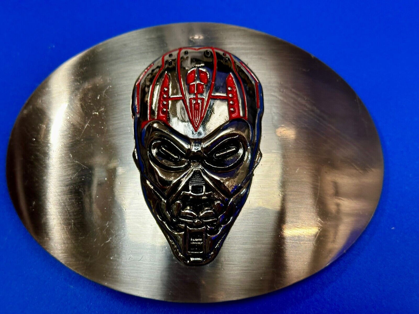 Terminator Skull Head Gothic Vibe Silver Tone Biker HUGE oval Belt Buckle