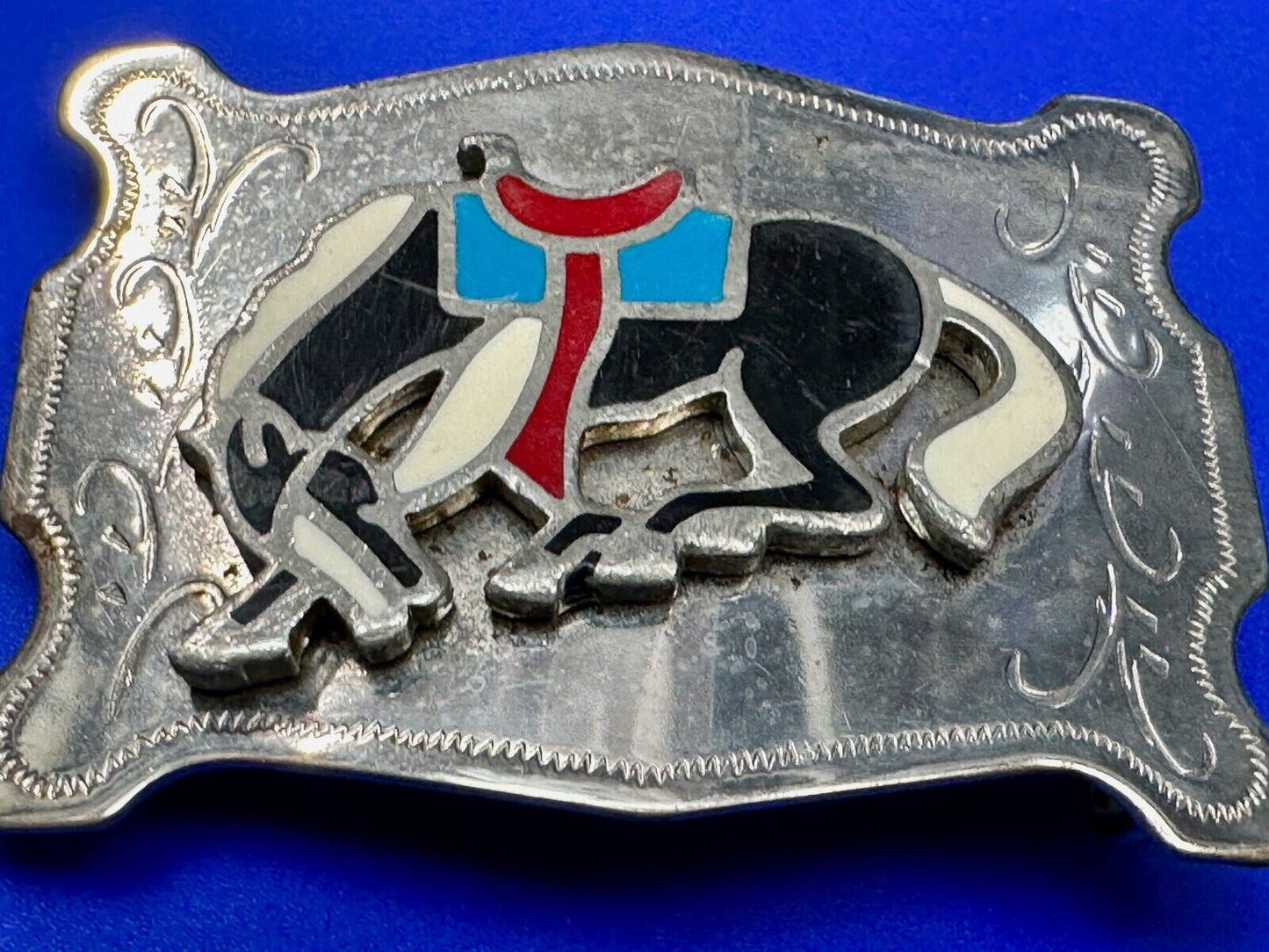 Vintage Cowboy's Horse Saddle Bronc western Inlaid enamel belt buckle