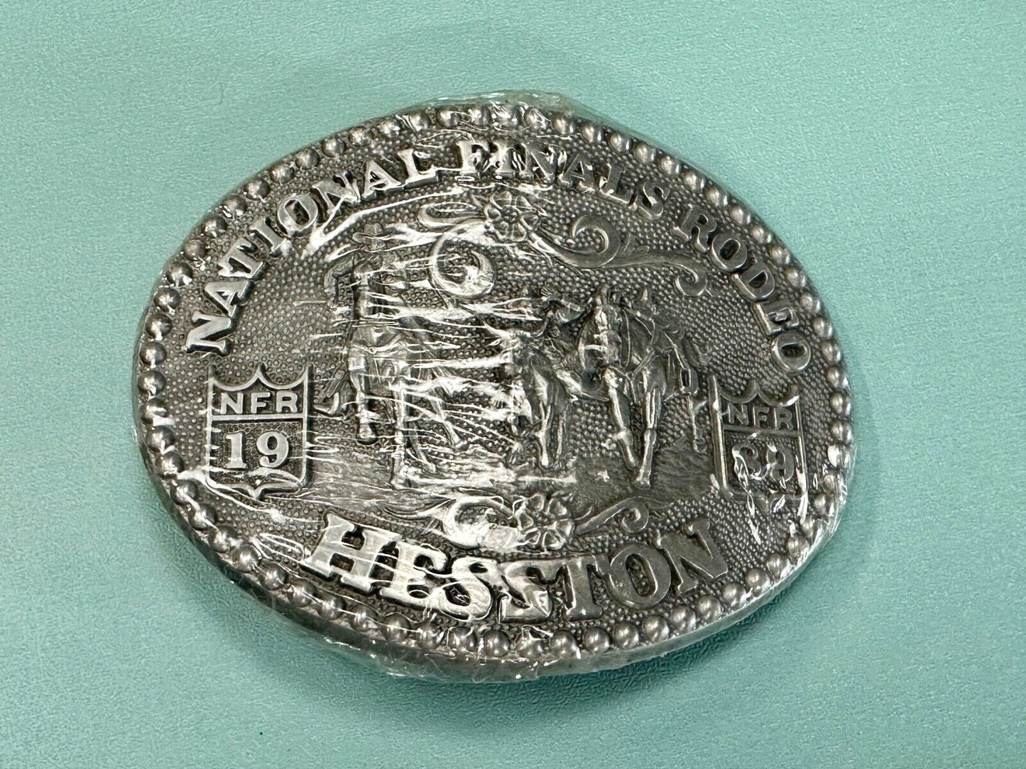 1989 Adult Size Hesston National Finals Rodeo Bull Riding Cowboys belt buckle