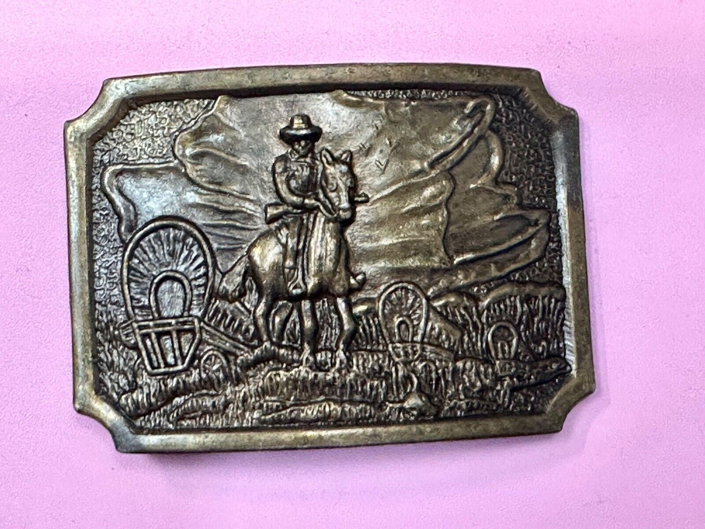 Tall In The Saddle Western Cowboy Horse Covered Wagon Belt Buckle New Condition