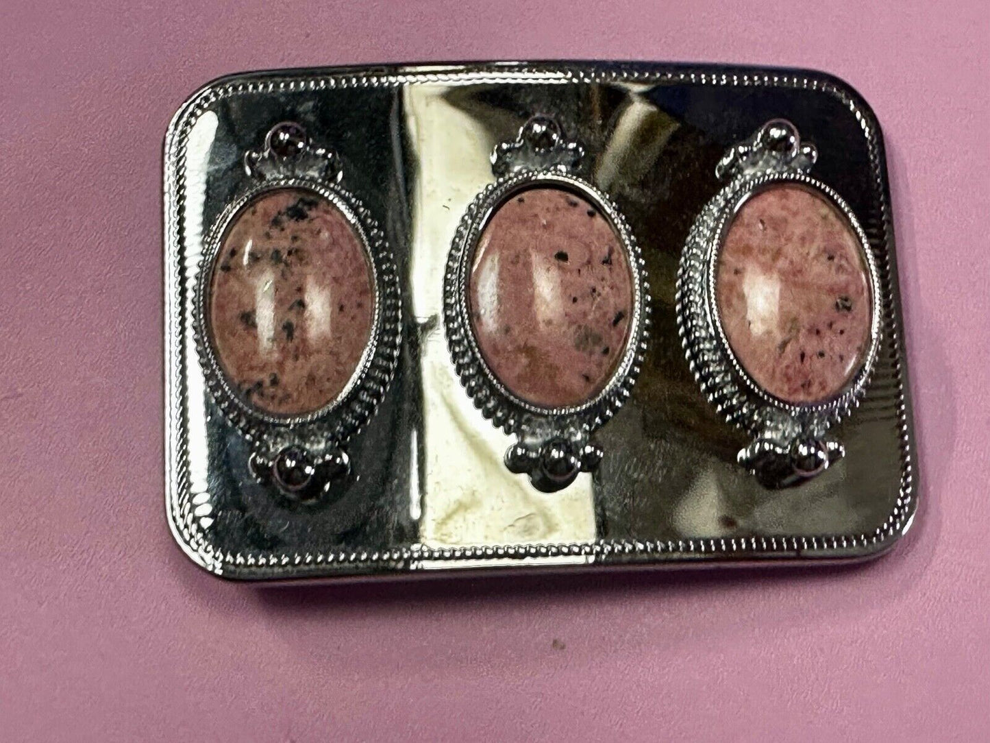 Three Piece Pink Cabochon Cab Stones on reflective silver color Belt Buckle