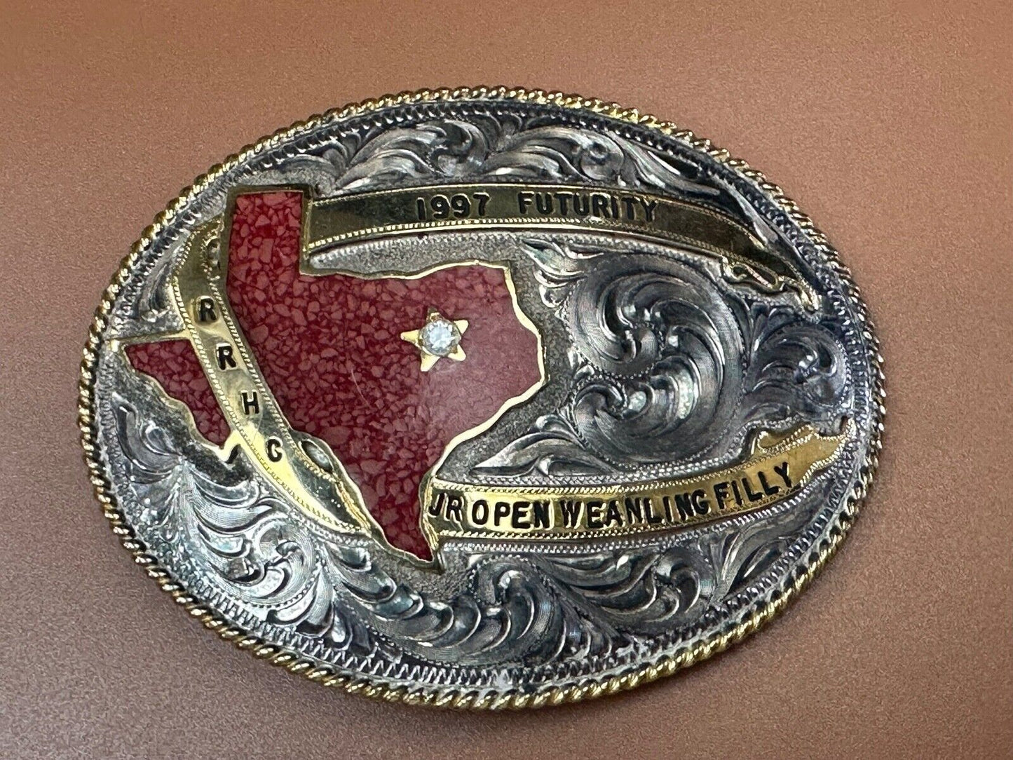 TEXAS Inlaid Coral Chip JR Open Weanling Filly 1997 Futurity Trophy belt buckle
