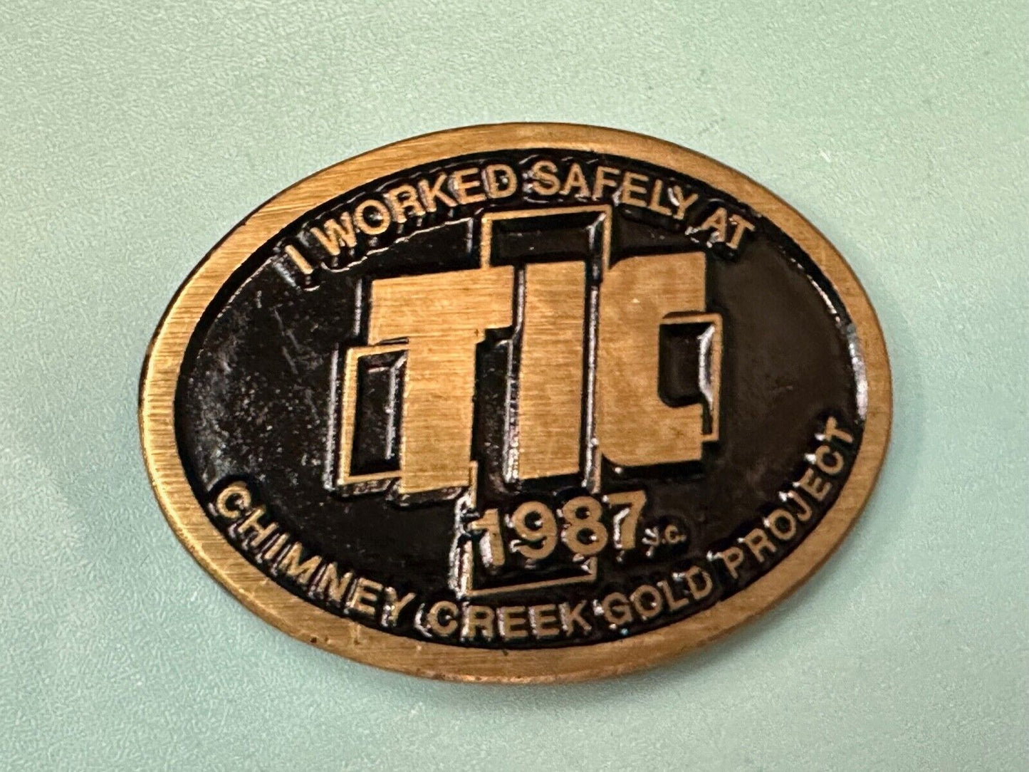 Vintage 1987 TIC Chimney Creek Gold Project Safety award brass belt buckle