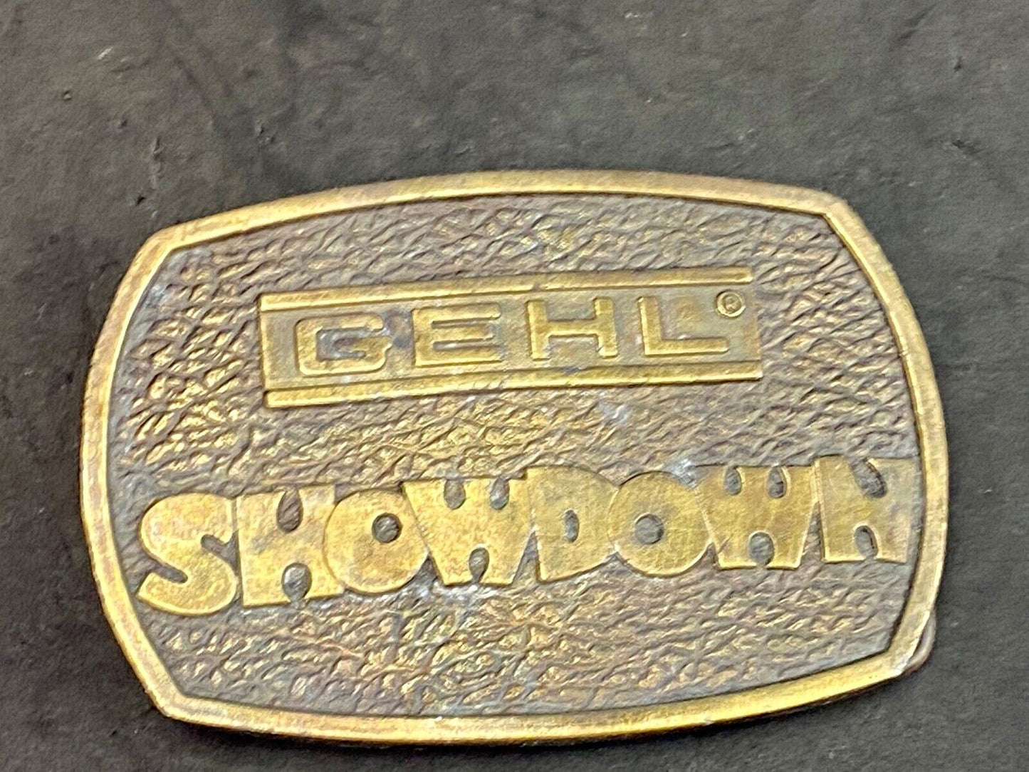 Vintage 1976 GEHL Showdown belt buckle by Bergamot - Farm Equipment Machinery