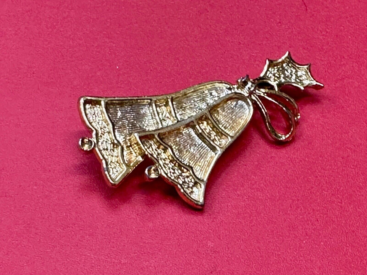 Vintage Bells & Holly BEATRIX Gold Tone Christmas Holiday Brooch Pin