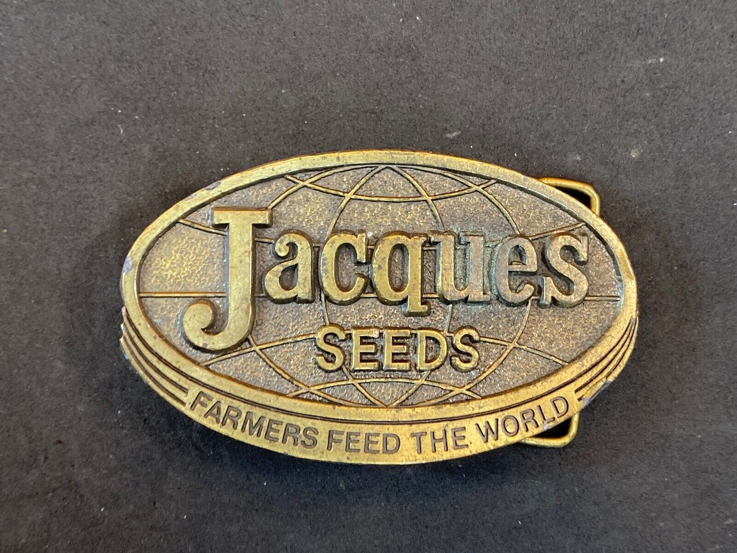Vintage 1977 Jacques Seeds belt buckle - Farmers feed the world by lewis