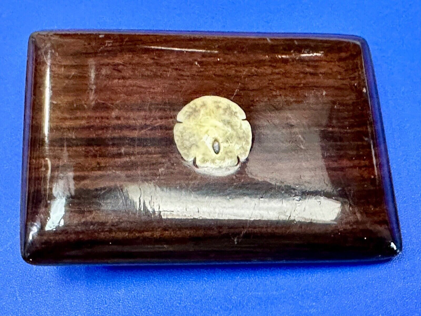 Artisan wood belt buckle with small inlaid sand dollar sea shell
