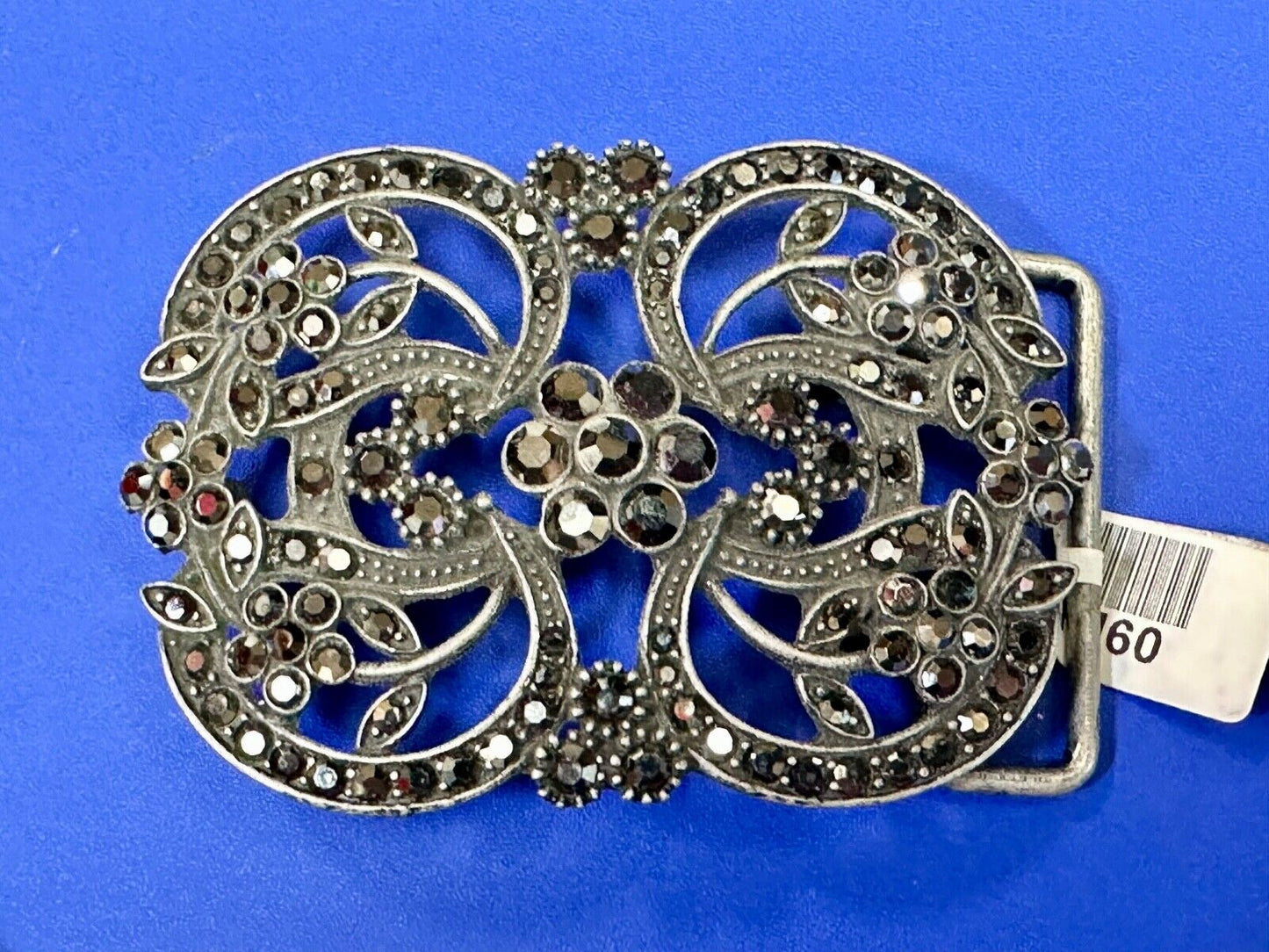 Black rhinestone accented metal flower pattern NOS Funky Junque belt buckle