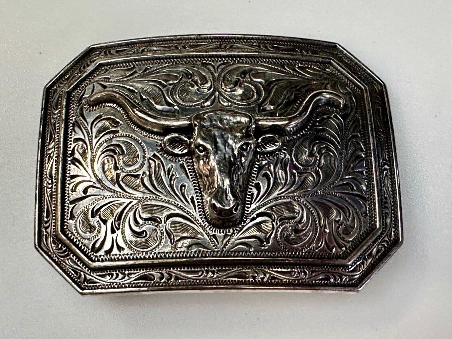 Texas Longhorn Cow Head Steer Ornate Silver Color Western Cowboy Belt Buckle