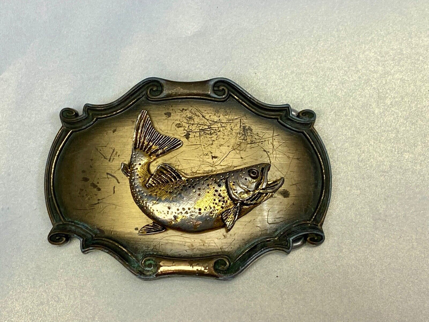 Vintage 1980 Rainbow Trout Belt Buckle 3-D Raintree Fish/Gold Tone W Scroll Edge