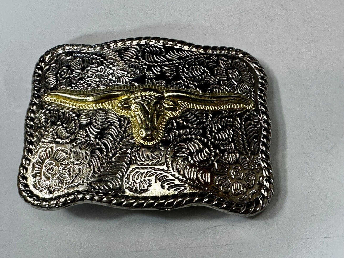 Texas Longhorn Rodeo Steer Bull Head Vintage Two Tone Small Cowgirls Belt Buckle
