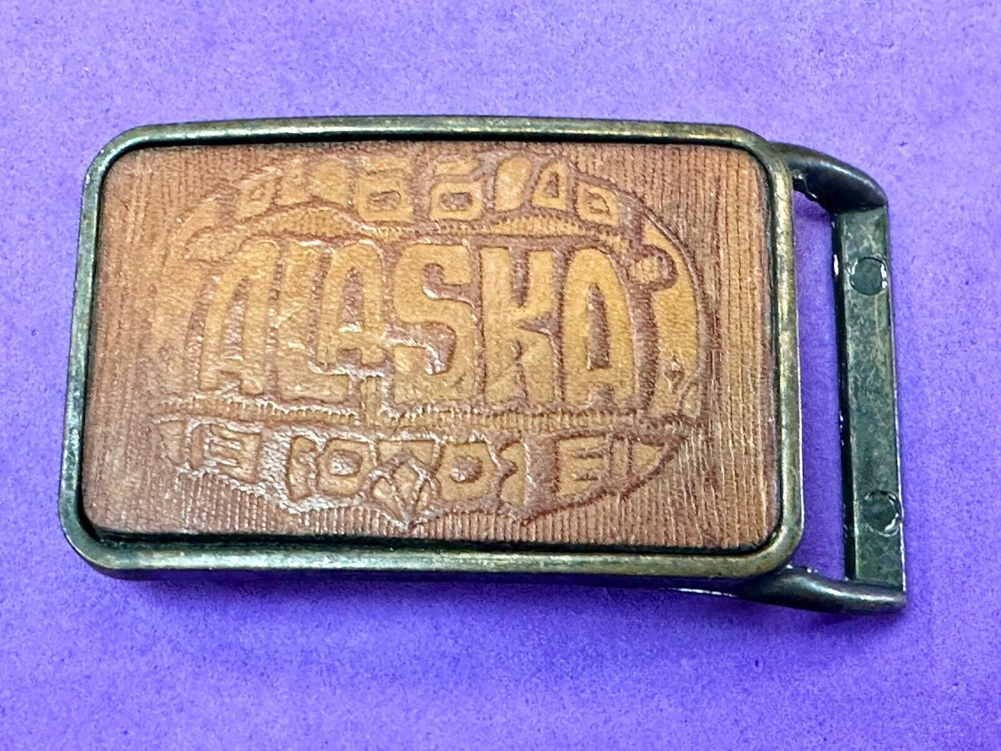 vintage Alaska Rodeo Faux? leather and brass western cowboy belt buckle