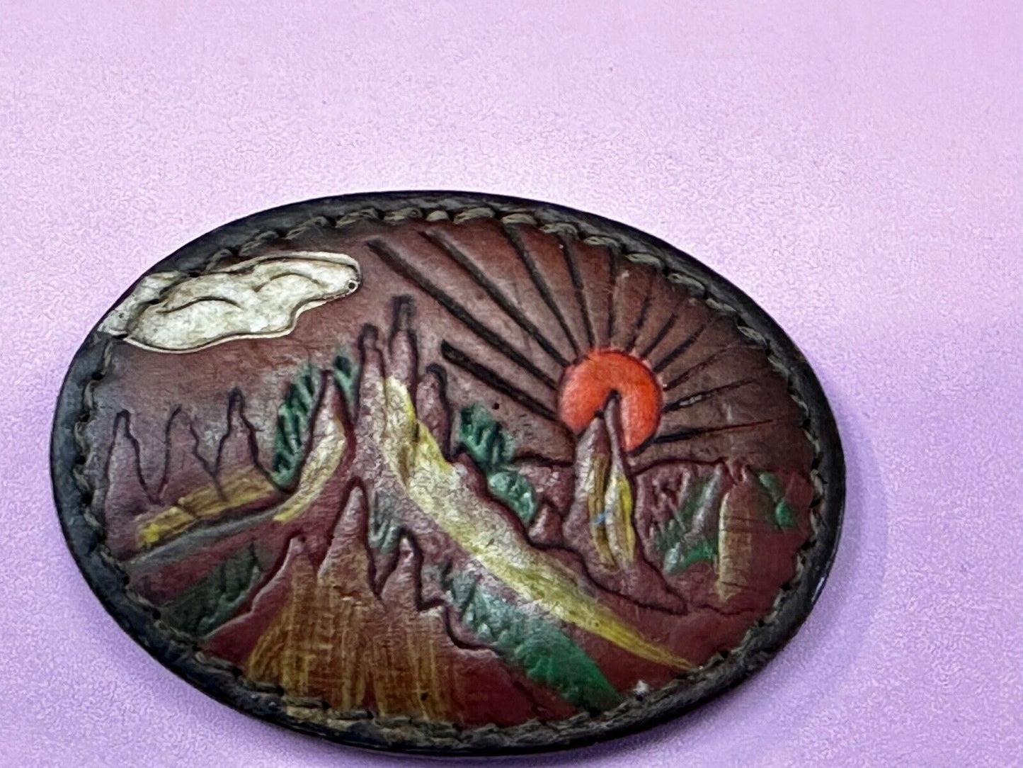 Beautiful Nature Scenery on Vintage Brown Leather Oval Belt Buckle