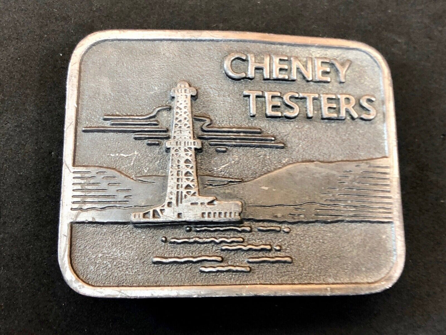 vintage Cheney Testers promo belt buckle -oil rig , back flow monitor company