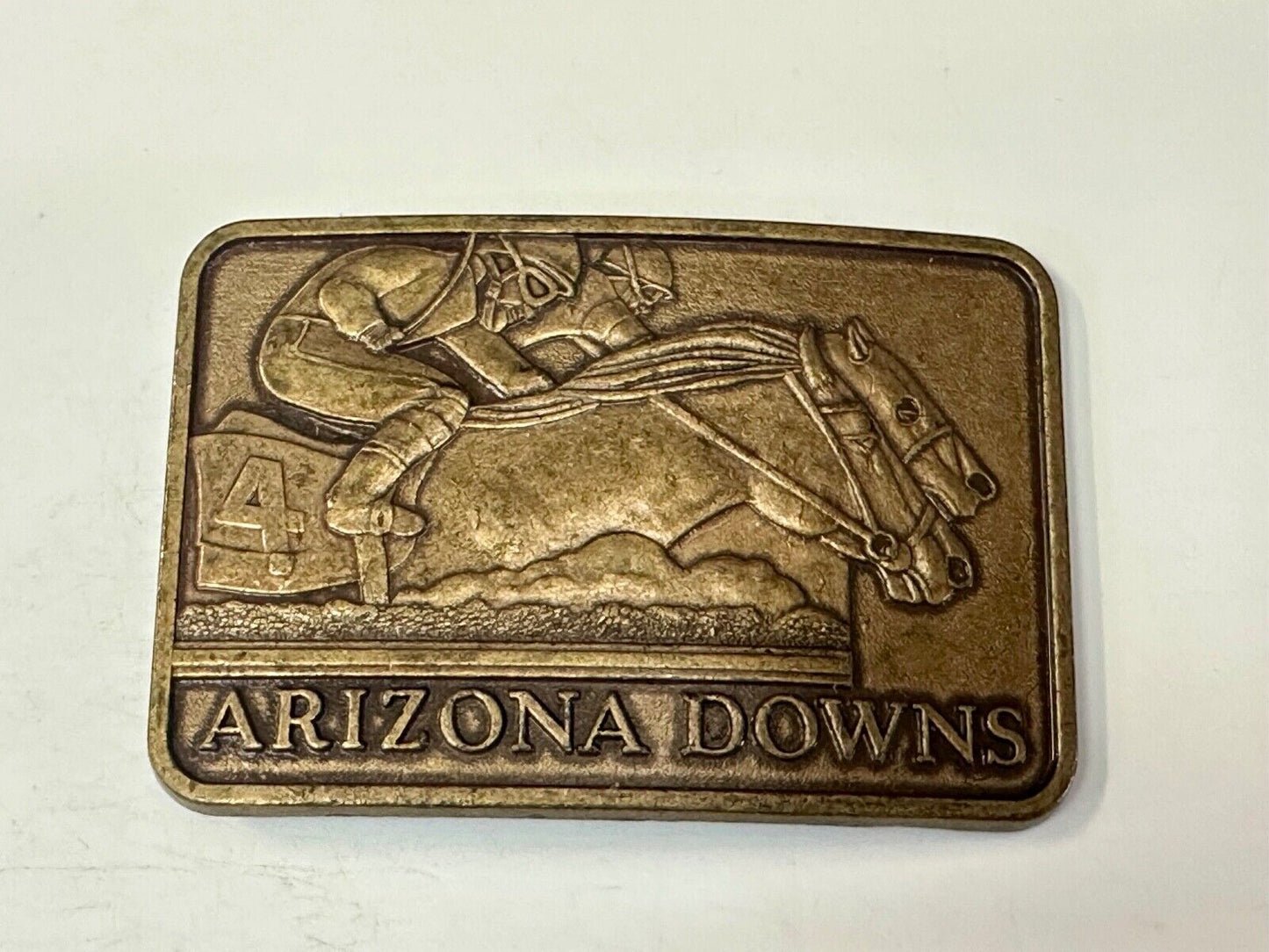 Vintage Arizona Downs Jockeys on Horses Racetrack vtg. Brass Tone Belt Buckle
