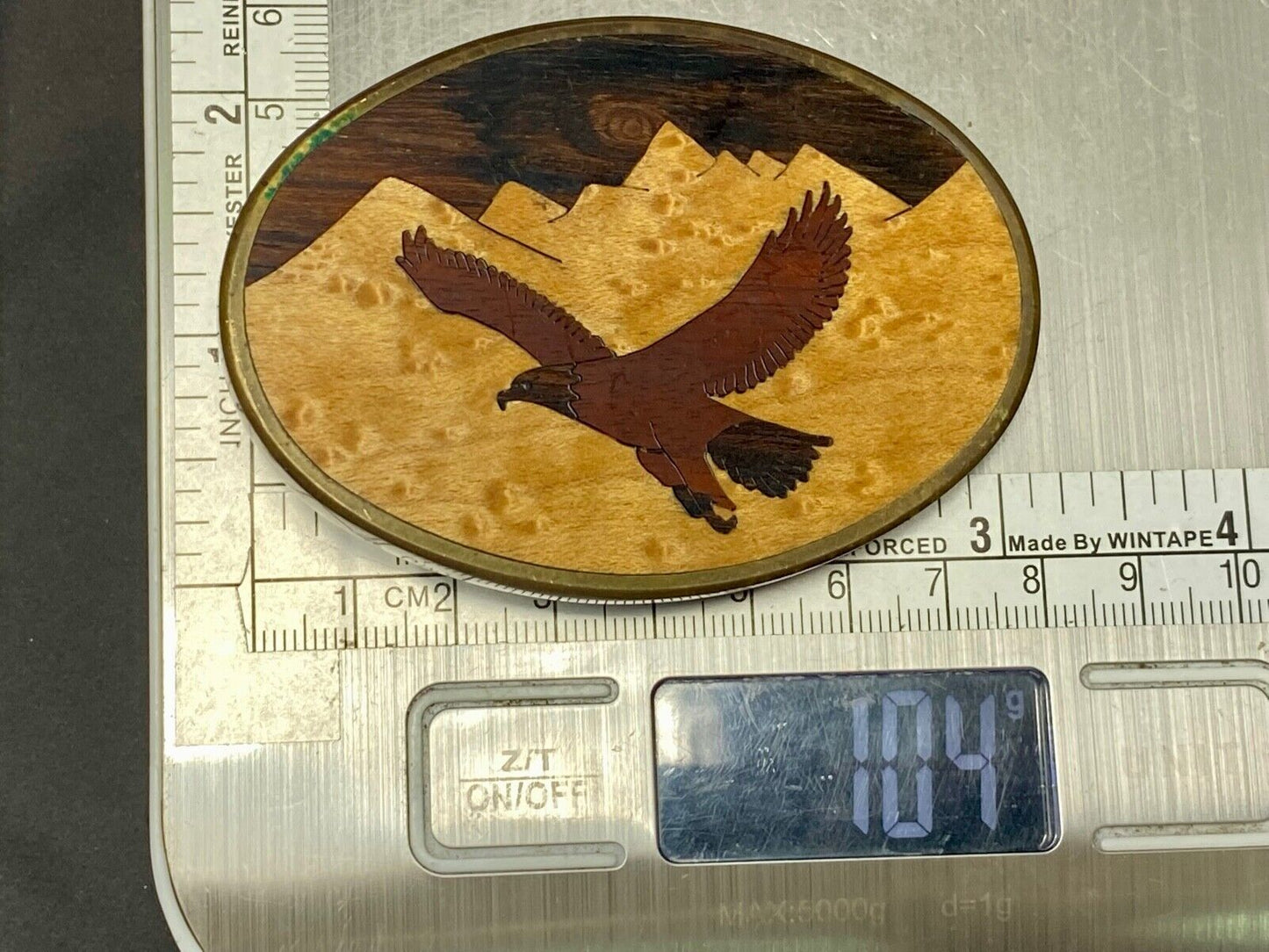 Vintage 1983 The great American Eagle mixed wood on solid brass BTS belt buckle