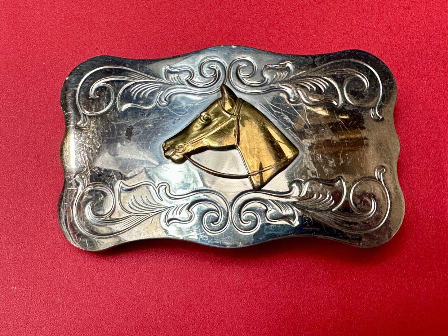Vintage Chambers nickel silver Horse head centered on western belt buckle