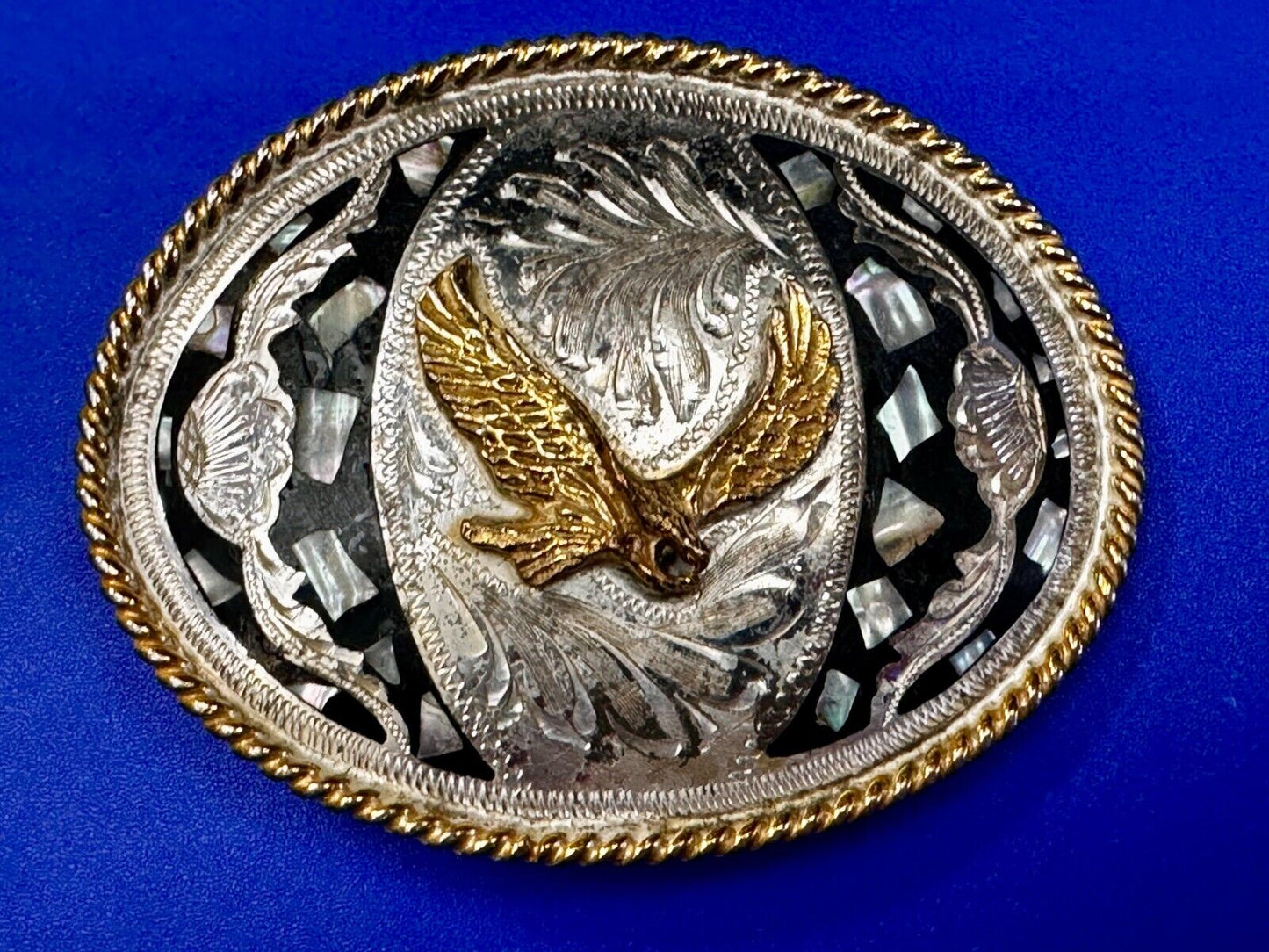 American Flying Hunting Eagle Abalone Shell Chunks Alpaca Mexico Belt Buckle
