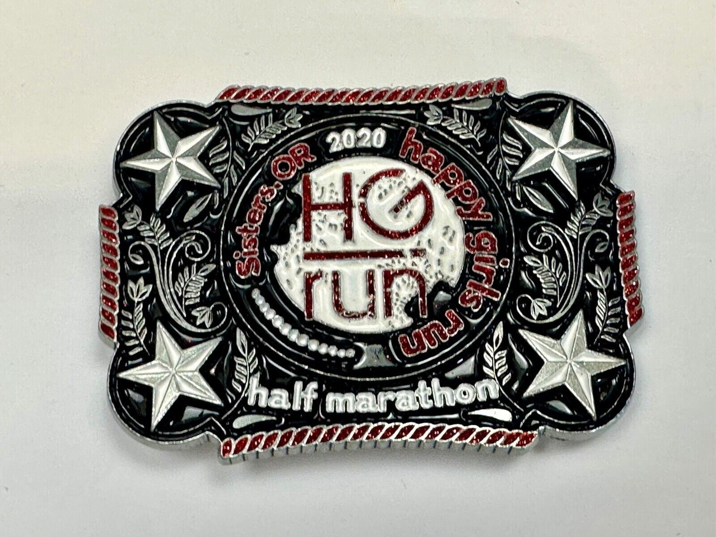 2020 Happy Girls Run HGR marathon silver tone stars in corner belt buckle
